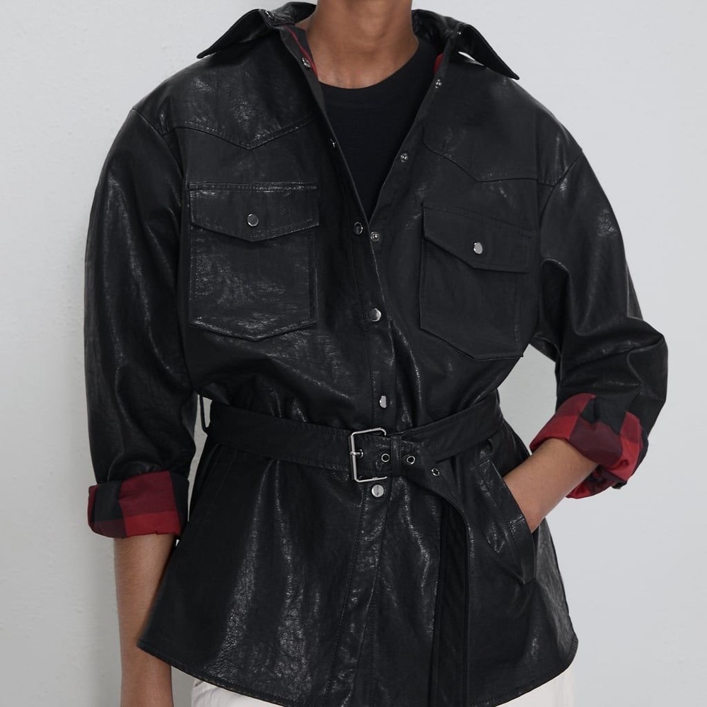 Faux Leather belted Zara Jacket with Plaid print inside